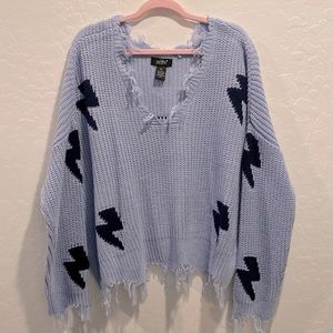 JUST POLLY Blue Lightning Bolt Sweater Navy XL New Without Tags Distressed Knit